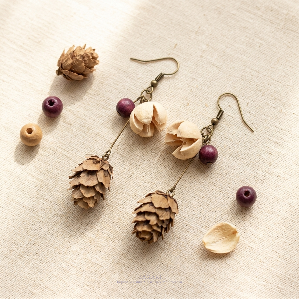 KAGAKI dried-botanical antique-brass handmade earrings with cream petal cluster and dried natural elements — material close-up view.