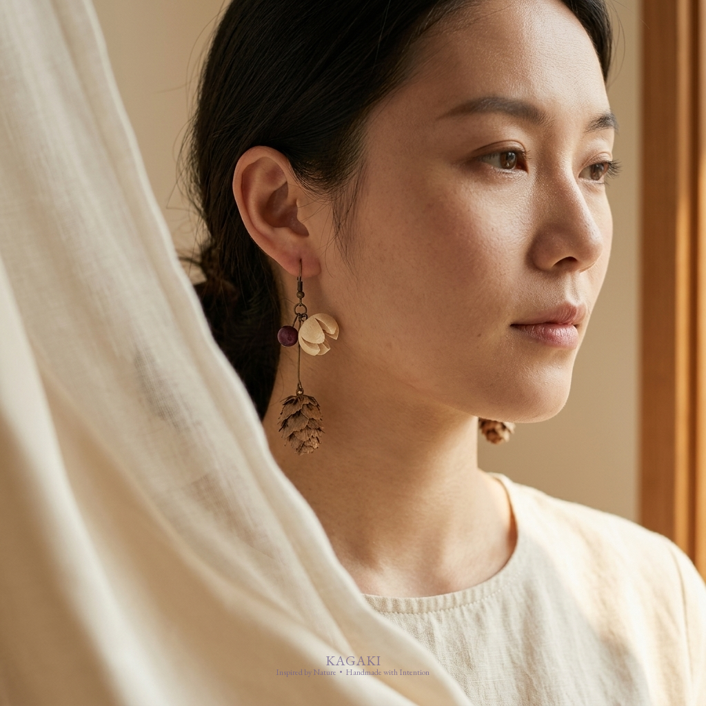 KAGAKI gold flying-swallow handmade dangle earrings — soft-focus close-up editorial view.