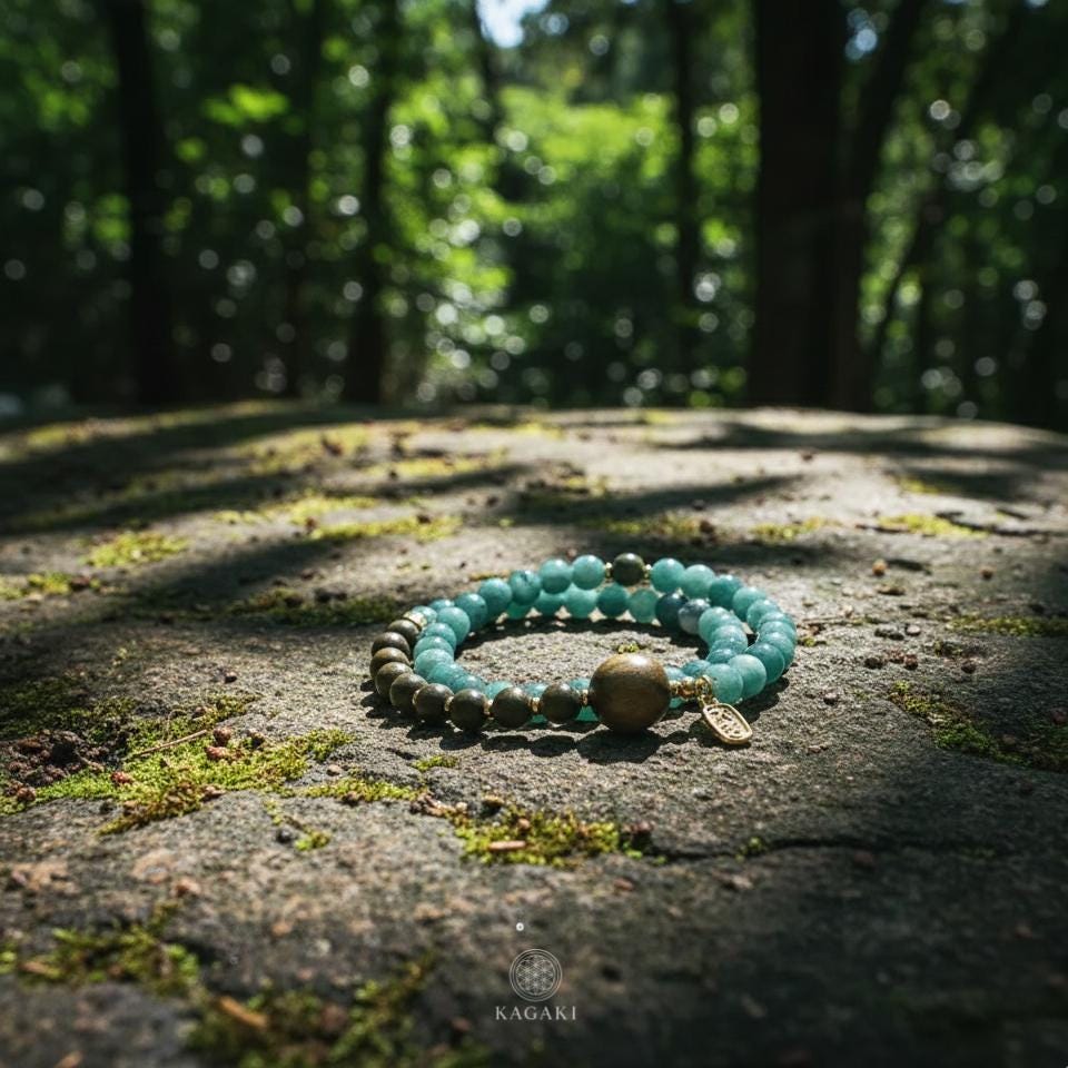 KAGAKI blue apatite sandalwood bracelet in blue apatite with sandalwood, bead detail, for meditation and daily intention