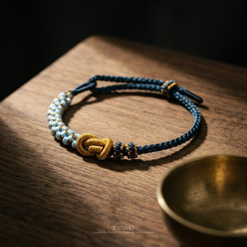 KAGAKI Twin Tide and Gold friendship couple red string cord, studio view, friendship couple bracelet gift