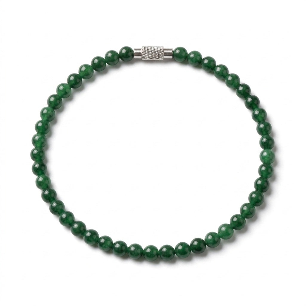 KAGAKI Juniper deep green jade fine bead bracelet, white background product view, handmade green jade bracelet