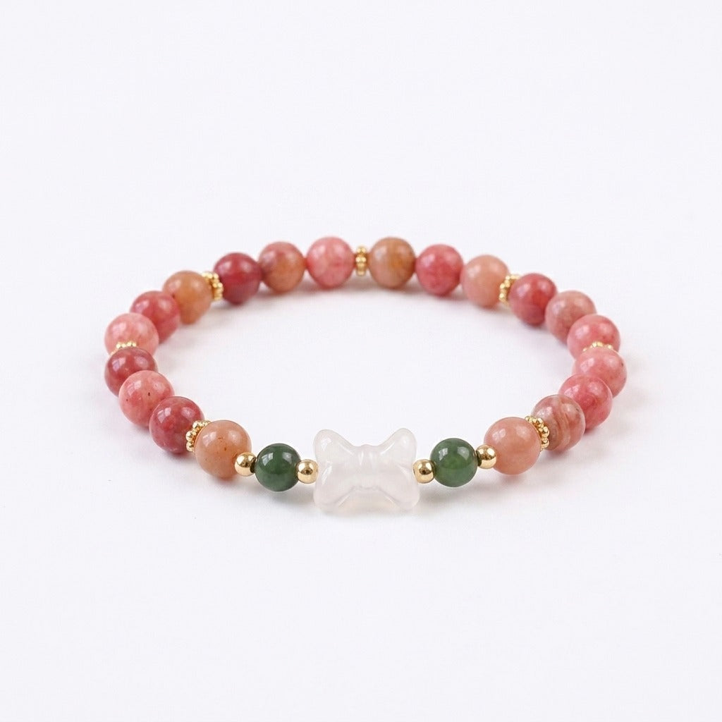 KAGAKI handmade crystal bracelet pink stone beaded bow stretch bracelet — pink + white + gold, main catalog image on white.