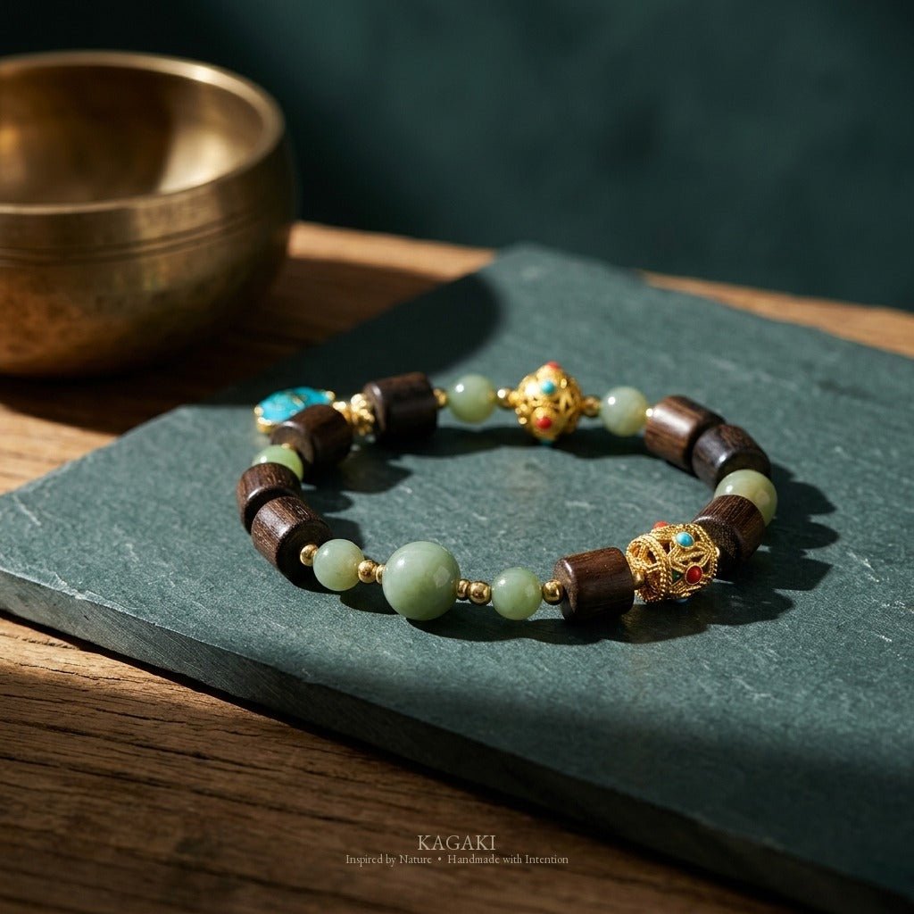 Tibetan Jade Agarwood Beaded Bracelet | KAGAKI