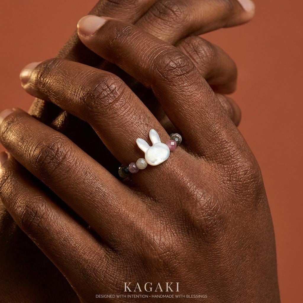 KAGAKI cat bunny clear quartz crystal ring in clear quartz with mother-of-pearl, editorial, for daily wear and gifting