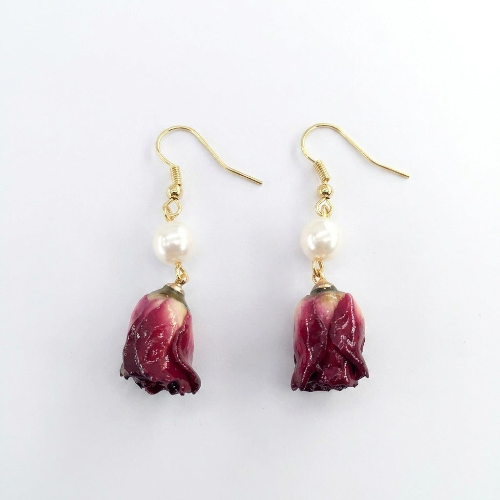 KAGAKI dried rose pearl earrings in deep wine-red and white freshwater pearl, shown as primary product image, suitable for botanical spiritual jewelry and anniversary gifting