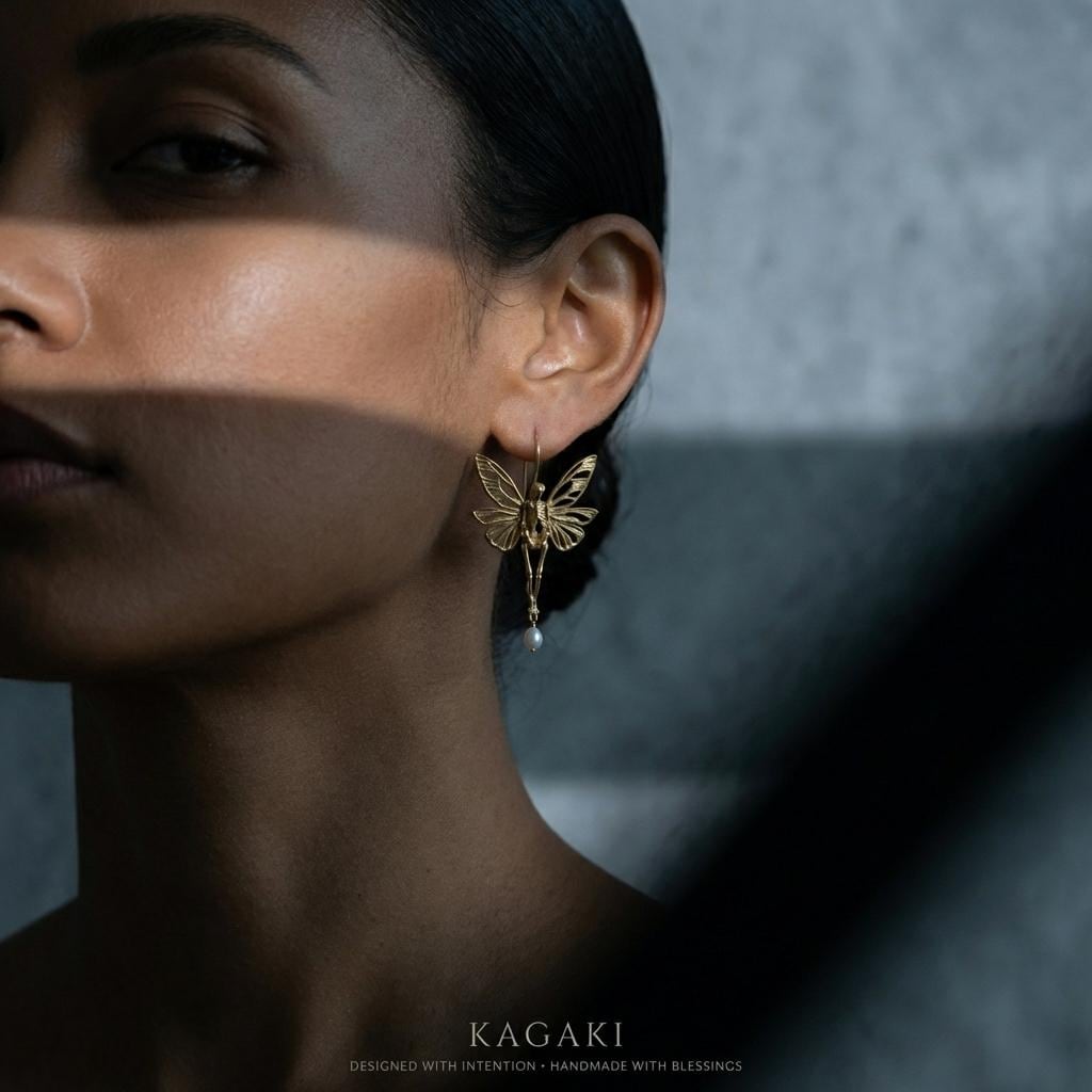 KAGAKI gothic butterfly skull earrings in gold, pearl, dark accents, flat lay, for daily wear and gifting