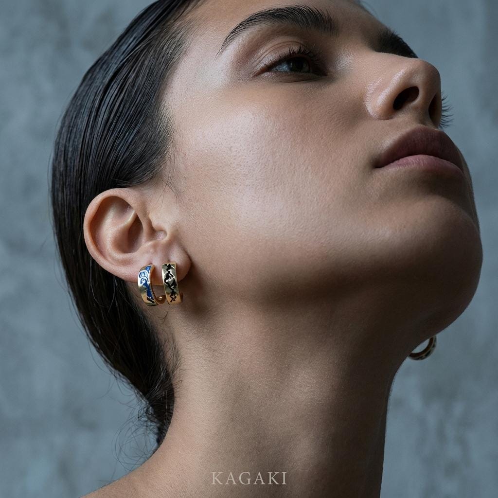 KAGAKI japanese landscape hoop earrings in minimal monochrome, gift packaging, for daily wear and gifting