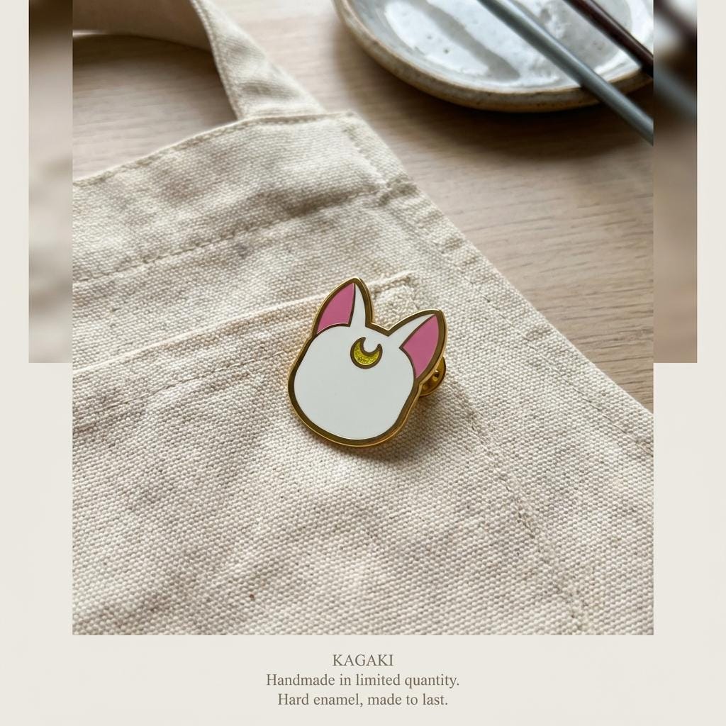 KAGAKI moon cat spiritual enamel pin in soft moonlight tones, editorial, for daily wear and gifting