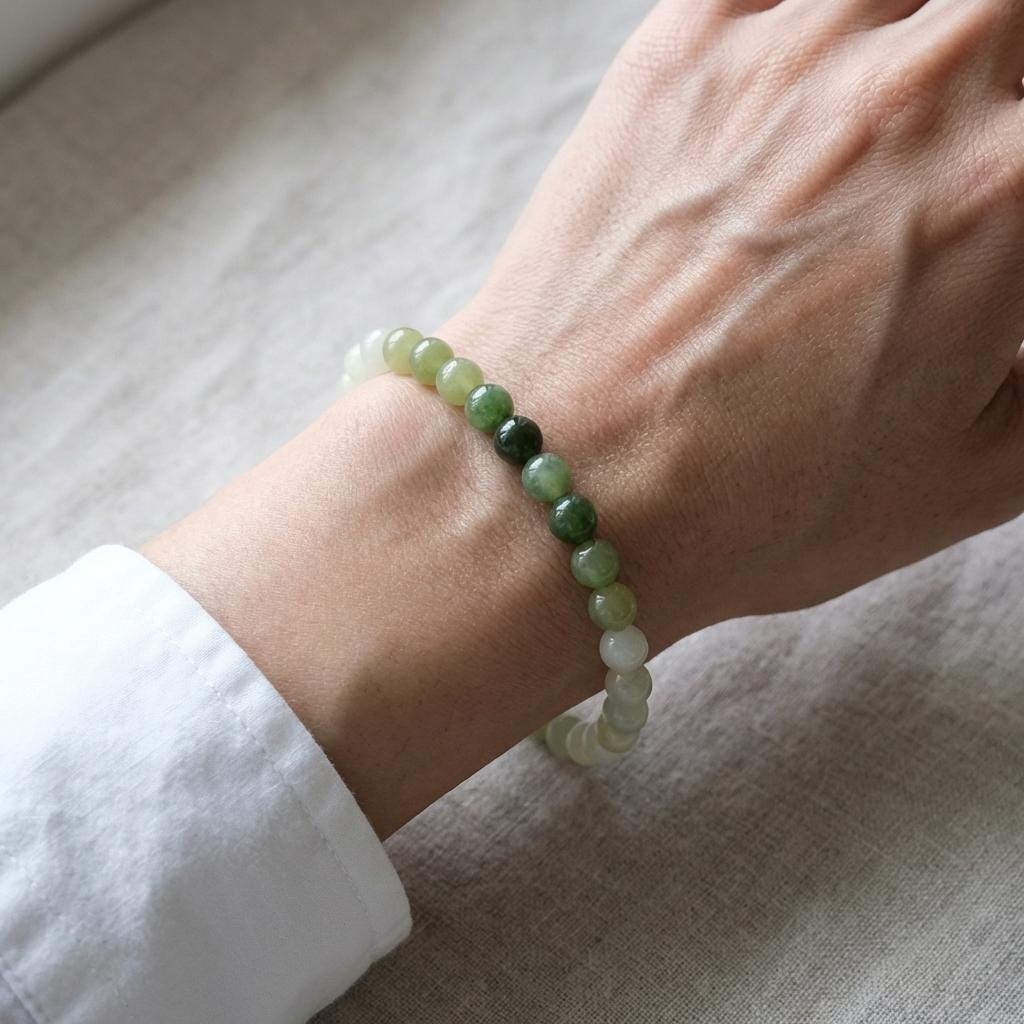 KAGAKI natural green jade beaded bracelet in gradient green jade, editorial, for meditation and daily intention