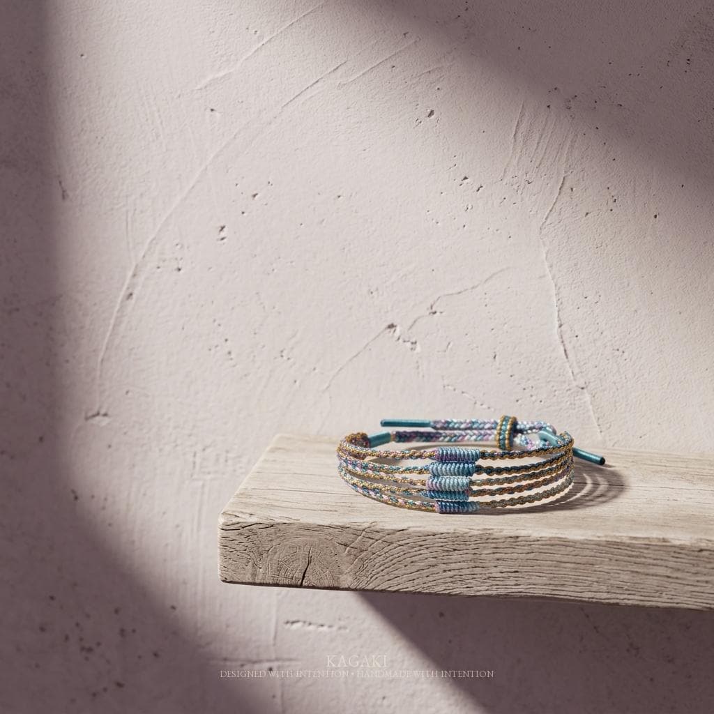 KAGAKI rainbow tibetan cord bracelet in rainbow multicolor, weave detail, for meditation and daily intention