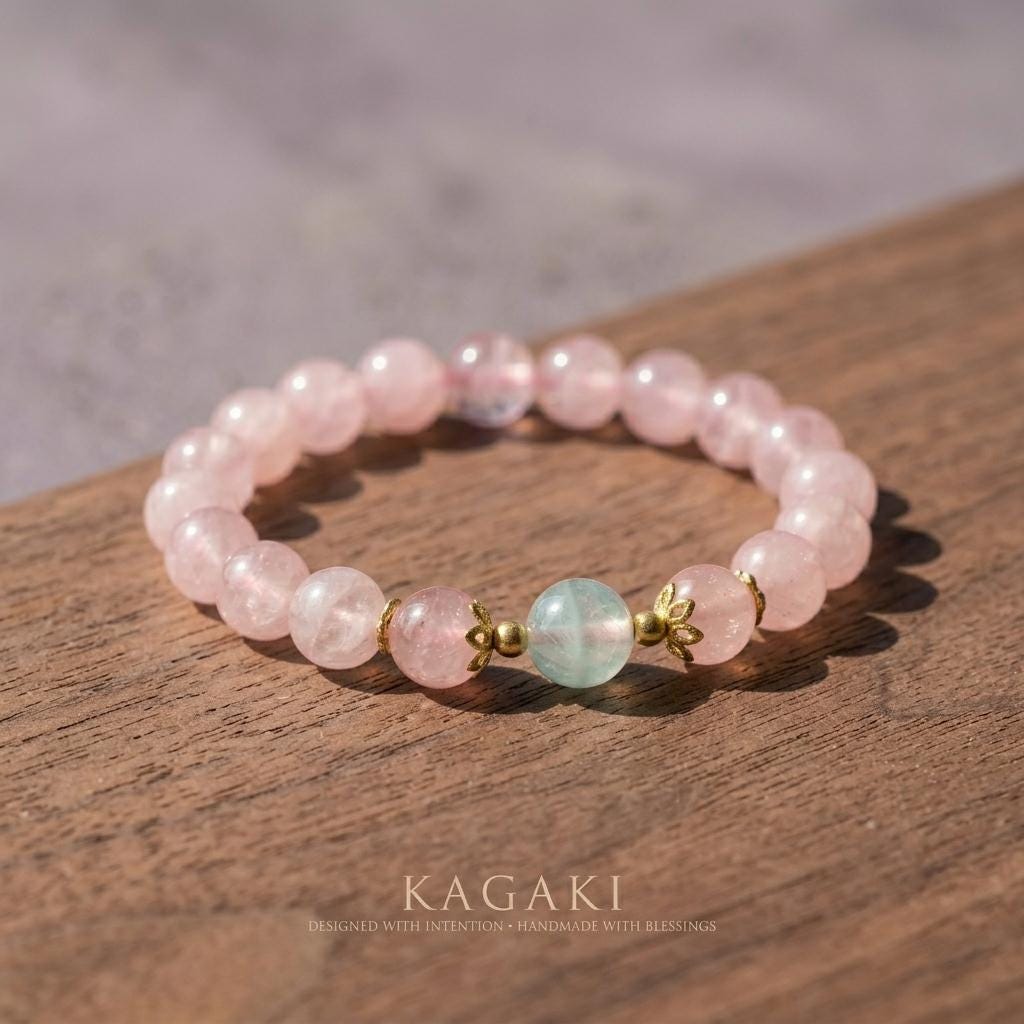 KAGAKI rose quartz blue accent bracelet in soft pink rose quartz with blue accents, gift packaging, for meditation and daily intention