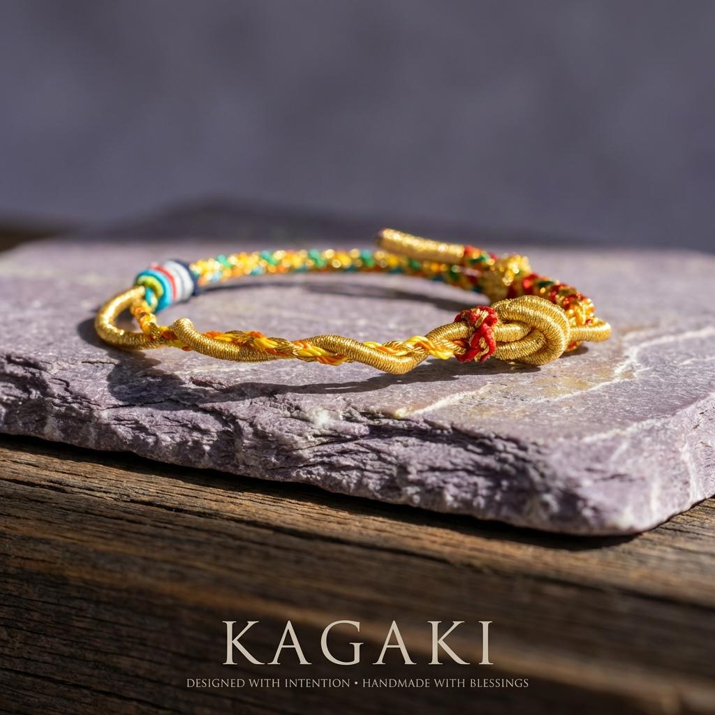 KAGAKI tibetan dragon snake cord bracelet in multicolor, packaging detail, for meditation and daily intention