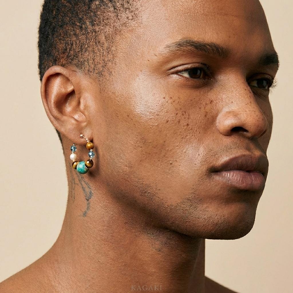 KAGAKI turquoise tiger eye pearl hoop earrings in turquoise blue, tiger-eye gold, pearl, styling, for daily wear and gifting