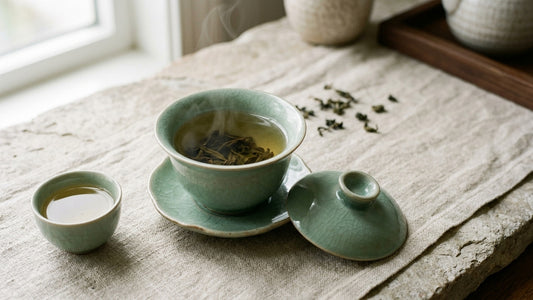 Celadon gaiwan with its lid set beside it, brewing oolong tea on linen