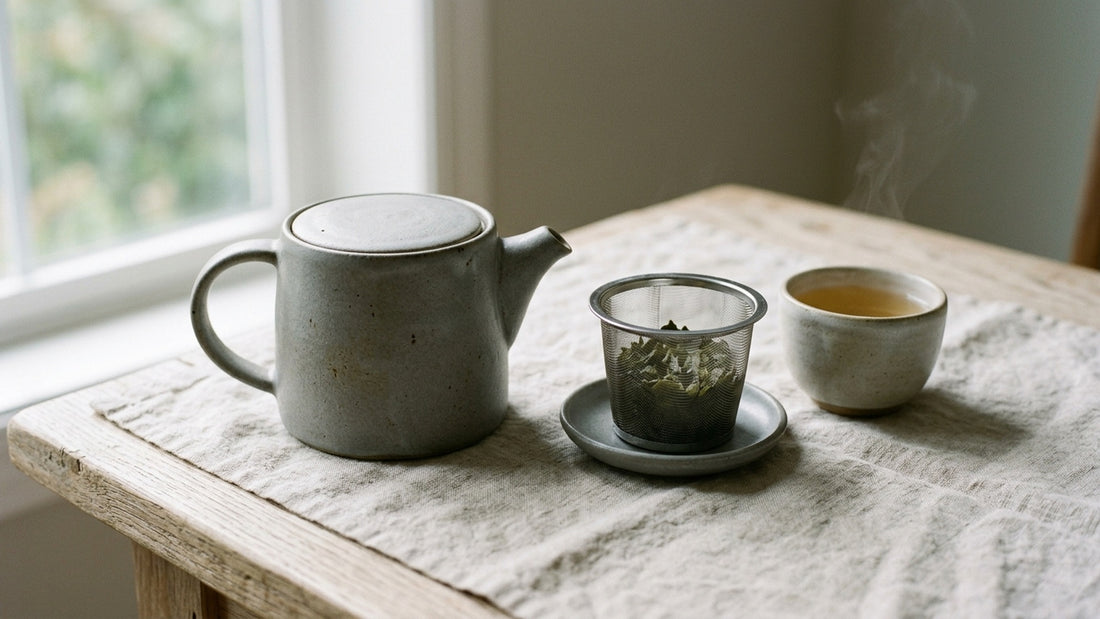 Wabi-sabi ceramic teapot with a removable fine-mesh stainless steel infuser basket