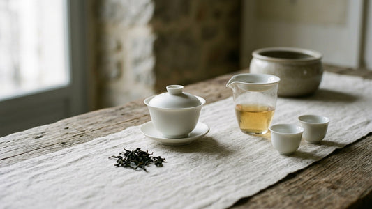 Beginner gongfu tea set: porcelain gaiwan, glass fairness pitcher, and two small cups