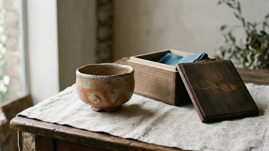 Wood-fired Japanese tea bowl beside its fitted paulownia wood box (tomobako)