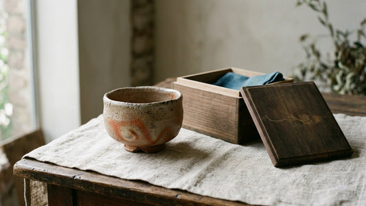 Wood-fired Japanese tea bowl beside its fitted paulownia wood box (tomobako)