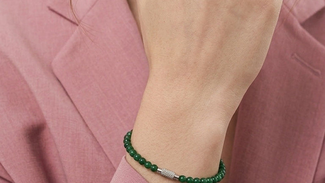 Juniper deep green jade beaded bracelet worn on the wrist — real KAGAKI product