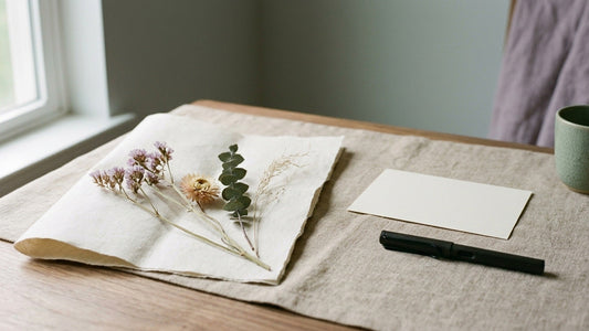 Dried statice, strawflower and eucalyptus laid on folded paper beside a blank card — choosing a flower for what you cannot say