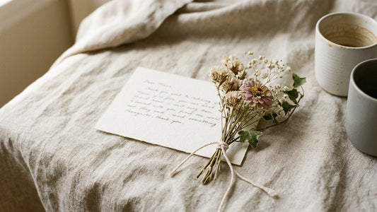 A handwritten note beside dried statice, baby's breath, zinnia and ivy tied with cotton cord — a late thank-you to a friend