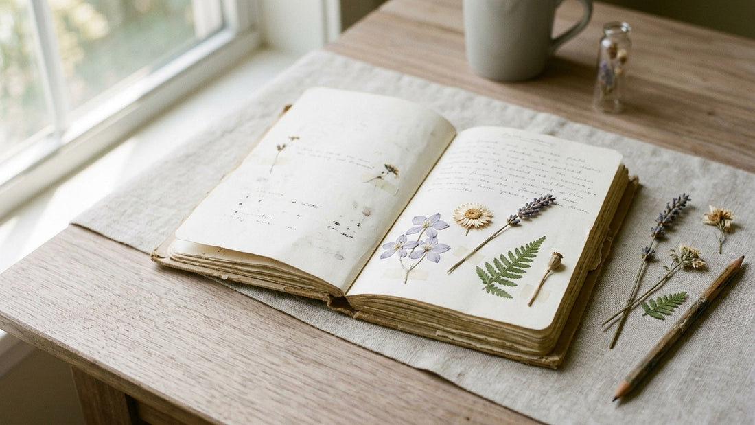 An open botanical notebook with pressed dried flowers — larkspur, strawflower, lavender, fern and poppy pod — a private language of flowers