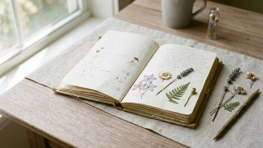 An open botanical notebook with pressed dried flowers — larkspur, strawflower, lavender, fern and poppy pod — a private language of flowers