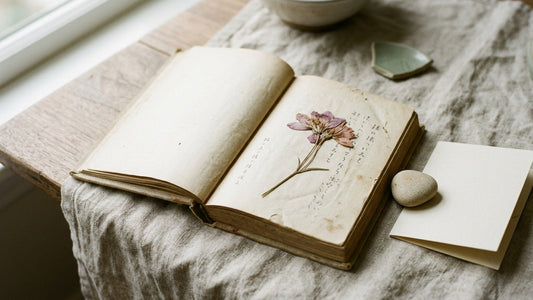 A pressed dried flower faded to sepia resting on an open old book, beside a small stone and a blank card — a kept flower