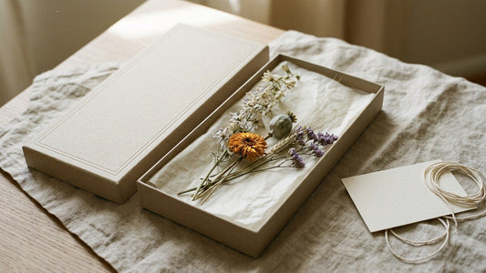 Editorial concept: a slim box of dried birth-month botanicals — larkspur, marigold, poppy seed pod and statice — with a blank message card