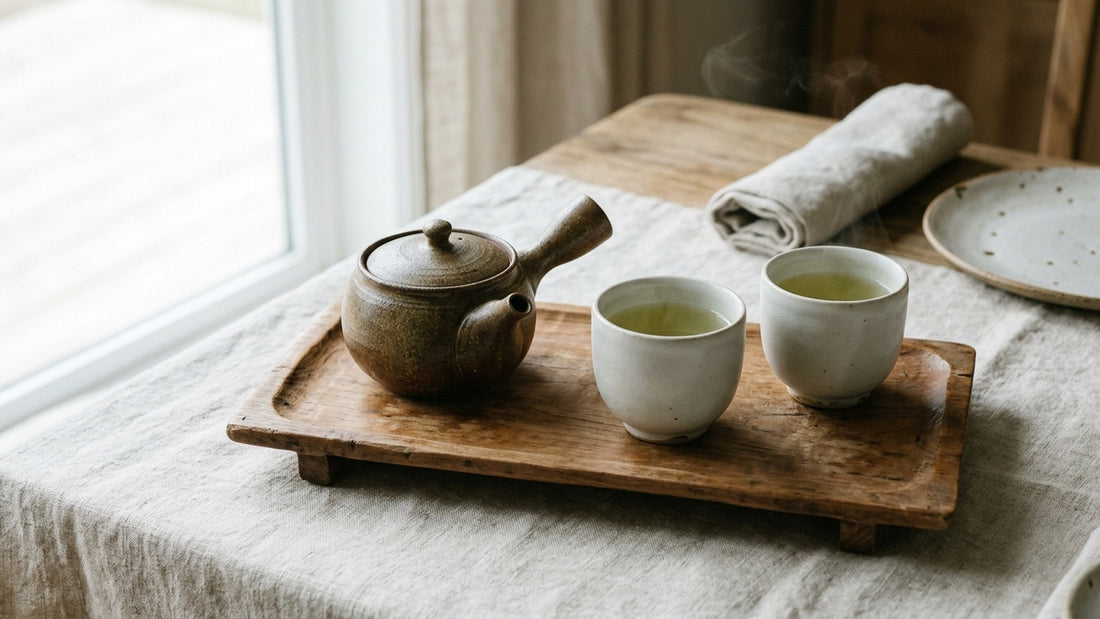 Japanese tea set: side-handle kyusu teapot and two yunomi cups of sencha on a wooden tray