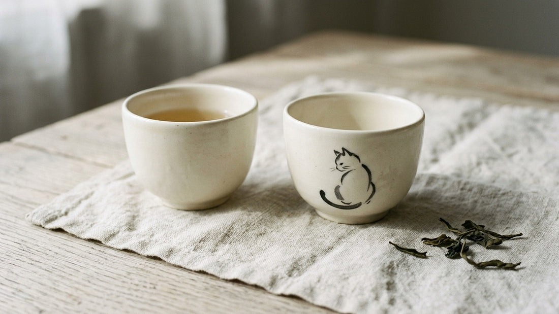 Cream ceramic tea cups, one with a minimal ink-brush sumi-e cat painting