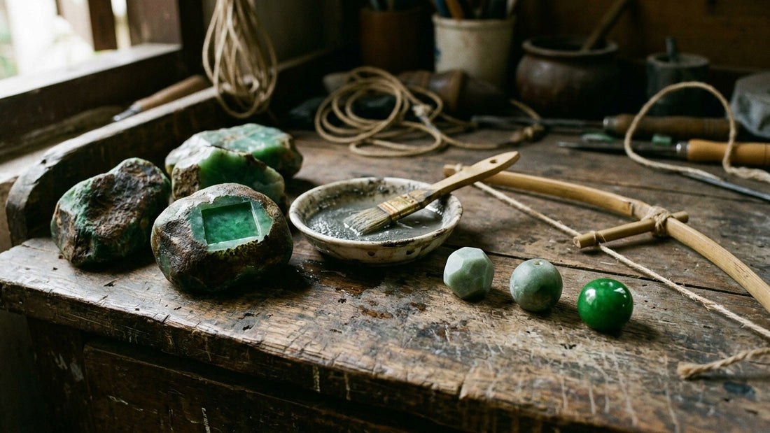 A jade lapidary workbench with rough jade, grit, a bow drill and beads at different stages