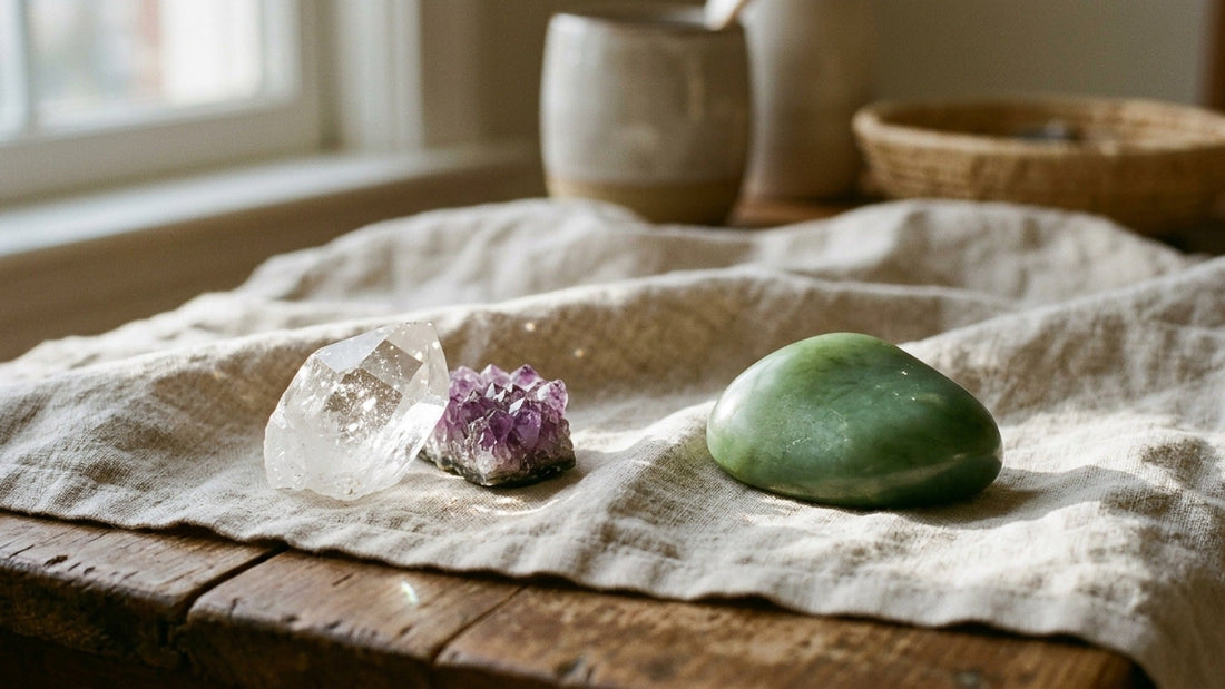 Jade vs crystal — a sparkling clear quartz and amethyst beside a soft glowing green jade stone, showing the difference between crystal and jade