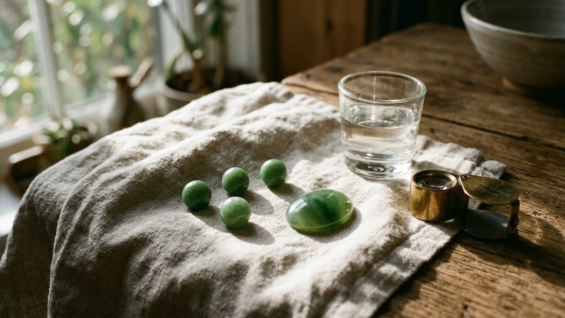 Examining green jade beads by window light beside a glass of water and a loupe — checking whether jade is real