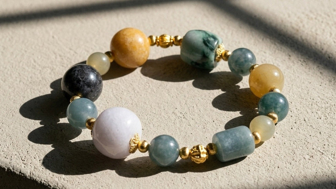 KAGAKI Medley multicolor jade bracelet showing green, white, yellow, and blue jade — real product