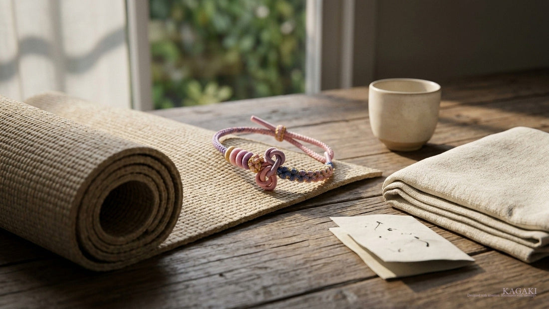KAGAKI Practice handmade mindfulness cord bracelet at rest on a folded yoga mat in a quiet retreat interior with soft natural daylight, shown as an editorial hero image for an essay on a bracelet at a yoga retreat.