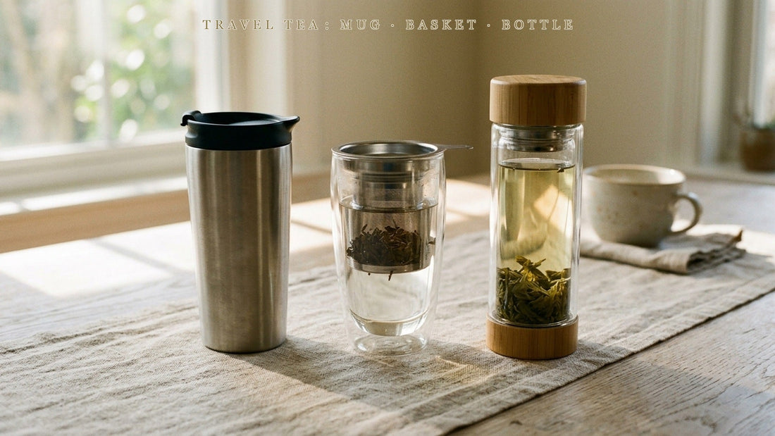 Three travel tea vessels compared: a stainless steel mug, a glass tumbler with a tea basket, and a sealed tea bottle