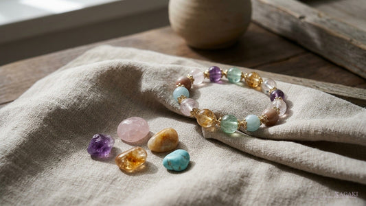 KAGAKI Prism Garden handmade multi-gemstone bracelet at rest beside a small loose arrangement of natural birthstones on cream linen in soft afternoon daylight, shown as an editorial hero image for a birth month bracelet guide.