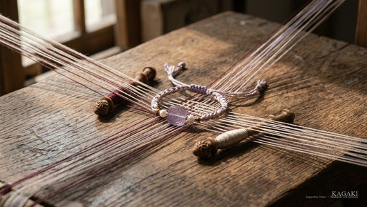 A lavender braided bracelet with a carved amethyst bead, lying among stretched silk threads on an old workbench.