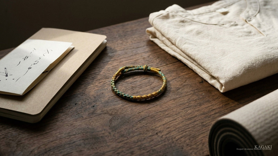 KAGAKI Trace handmade Tibetan yoga cord bracelet at rest beside a folded natural-cotton retreat outfit and small notebook on aged walnut in soft afternoon daylight, shown as an editorial hero image for a guide on choosing a spiritual retreat.