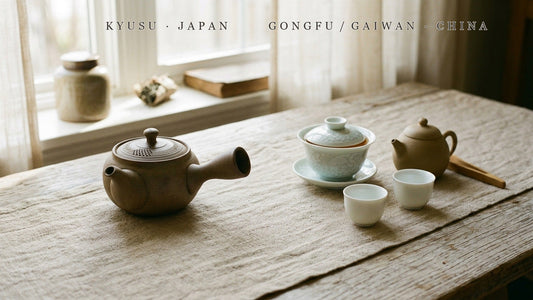 A Japanese kyusu side-handle teapot compared with a Chinese gongfu gaiwan and small cups