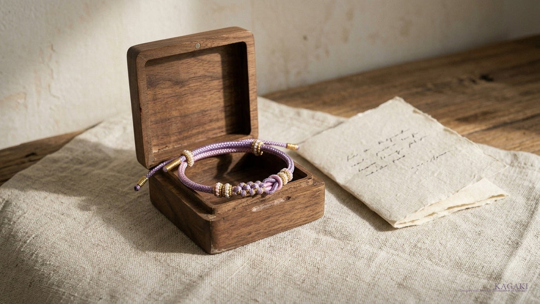 KAGAKI Meditation Friendship Couple handmade cord bracelet inside a small open wooden gift box on cream linen beside a folded handwritten card in soft afternoon daylight, shown as an editorial hero image for a meditation bracelet gift guide.
