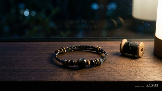 A black obsidian braided cord bracelet coiled on a dark windowsill at night, beside a small spool of thread.
