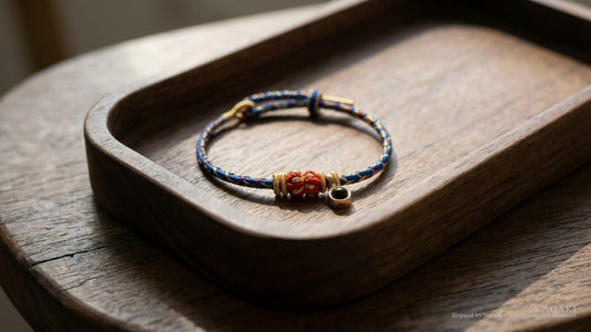 KAGAKI Charm Tibetan Buddhist protection cord bracelet — multicolor handwoven cord with red focal knot and small black hanging bead, on warm walnut wood, shown as the hero image for a guide on protection bracelet meaning.