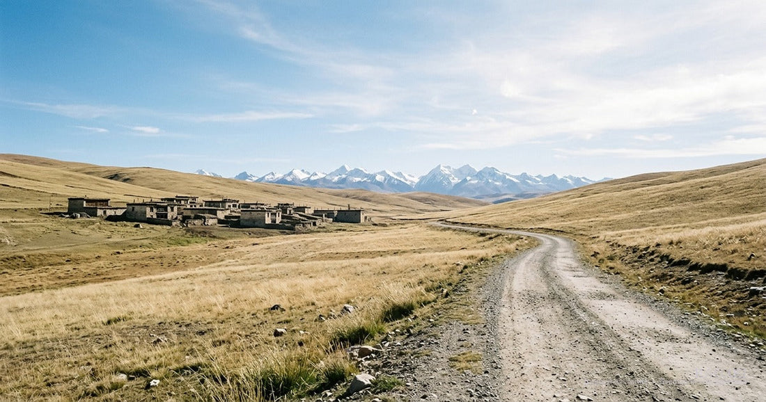 Highland road outside a Tibetan town under clear plateau light — real Tibet beyond the photogenic tourist axis, where land, road, weather, and quiet organize the day.
