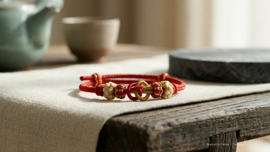 KAGAKI Knot Tibetan-inspired red string friendship cord bracelet — close editorial macro of the slim red cord and hand-tied center knot on quiet linen in soft natural light, shown as the hero image for a guide on red string bracelet meaning.