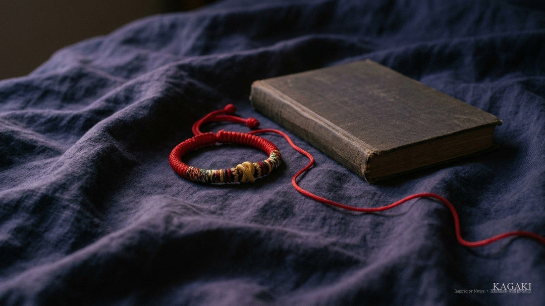 A red knotted string bracelet on indigo linen beside an old cloth-bound book, a loose red thread trailing away.