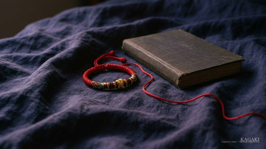 A red knotted string bracelet on indigo linen beside an old cloth-bound book, a loose red thread trailing away.