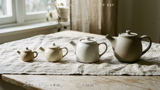 Teapot size guide: four ceramic teapots from about 4 oz to 17 oz compared for one or two people