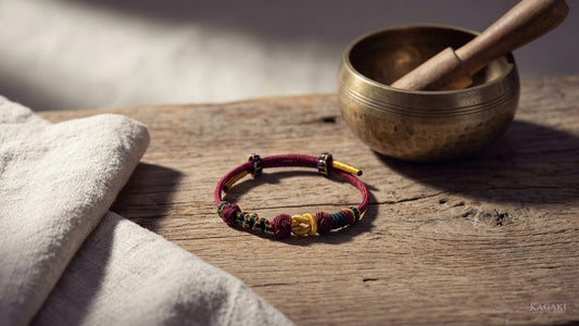 KAGAKI Summit handmade Himalayan Tibetan cord bracelet at rest beside a small Tibetan singing bowl and folded cream linen on weathered wood in soft afternoon daylight, shown as an editorial hero image for a guide on Tibetan sound bath and singing bowls.